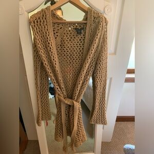 Abercrombie & Fitch Mesh Stitch Fish Net Crochet Belted Cardigan Med Camel Tan